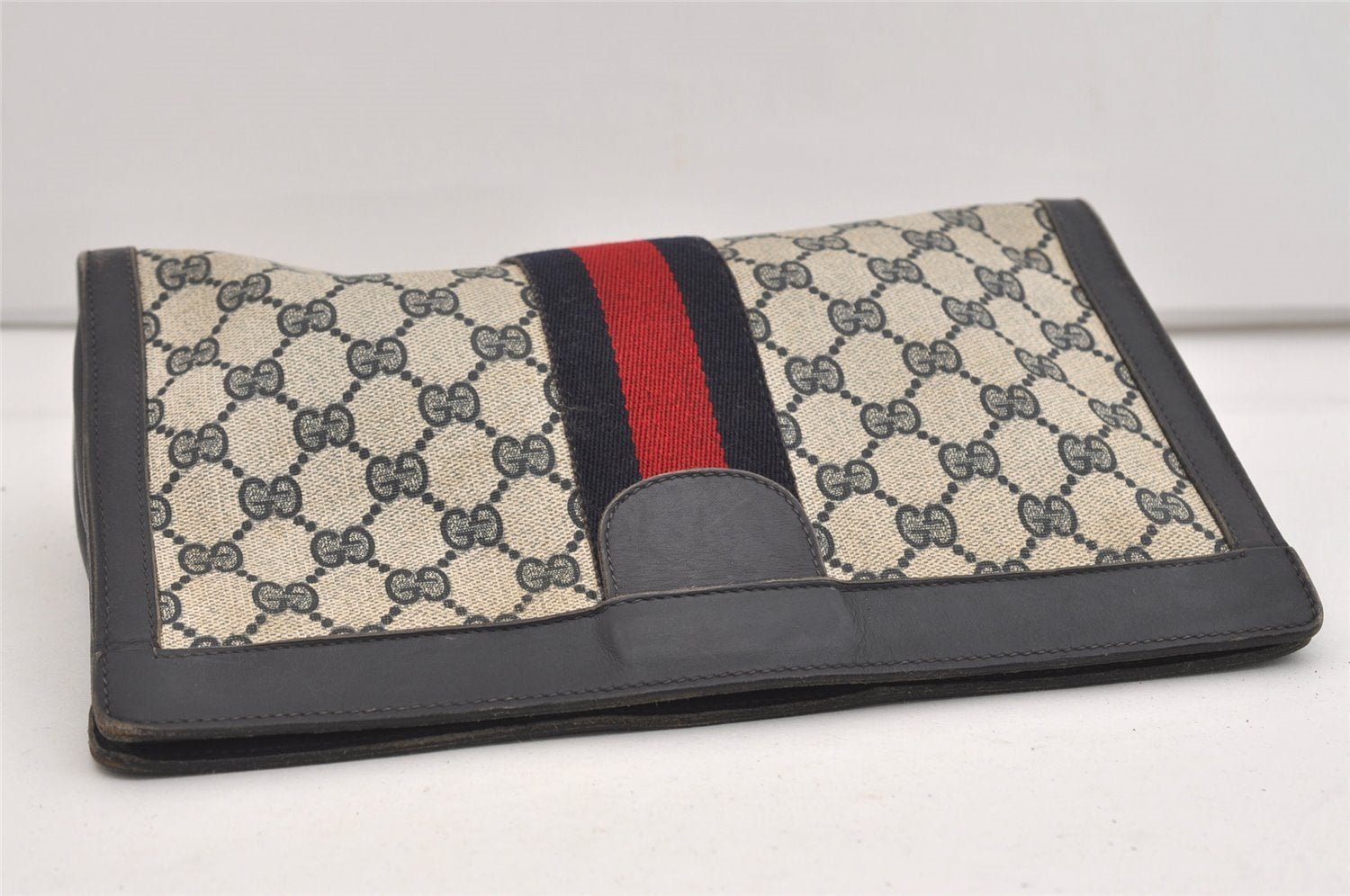 Authentic GUCCI Sherry Line Clutch Hand Bag Purse GG PVC Leather Navy Blue 6467J