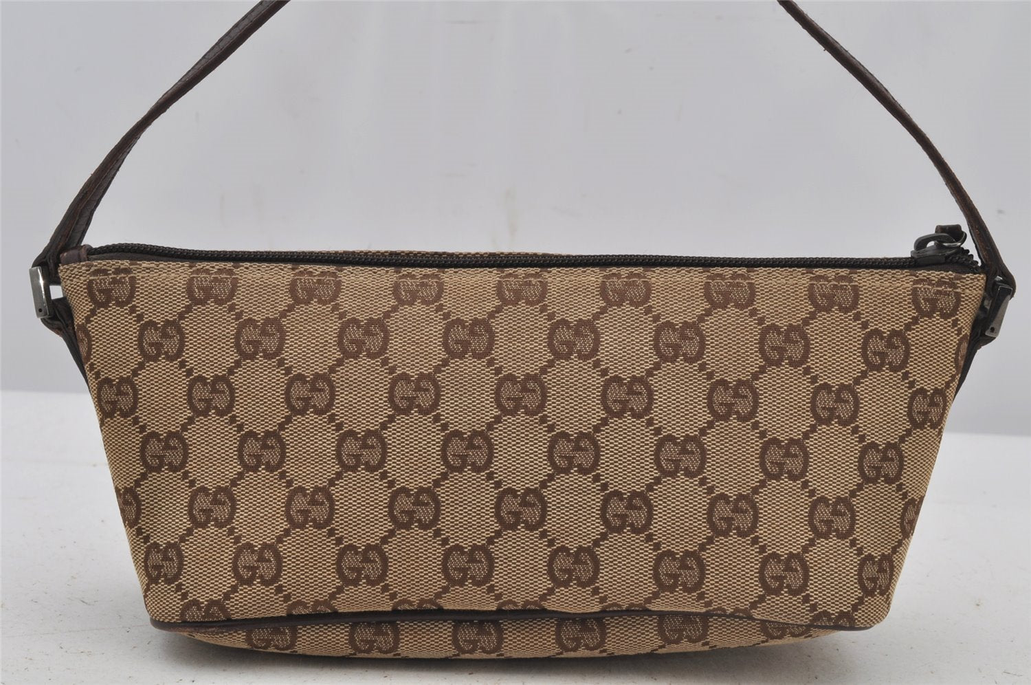 Authentic GUCCI Vintage Hand Bag Pouch Purse GG Canvas Leather 07198 Brown 6469J