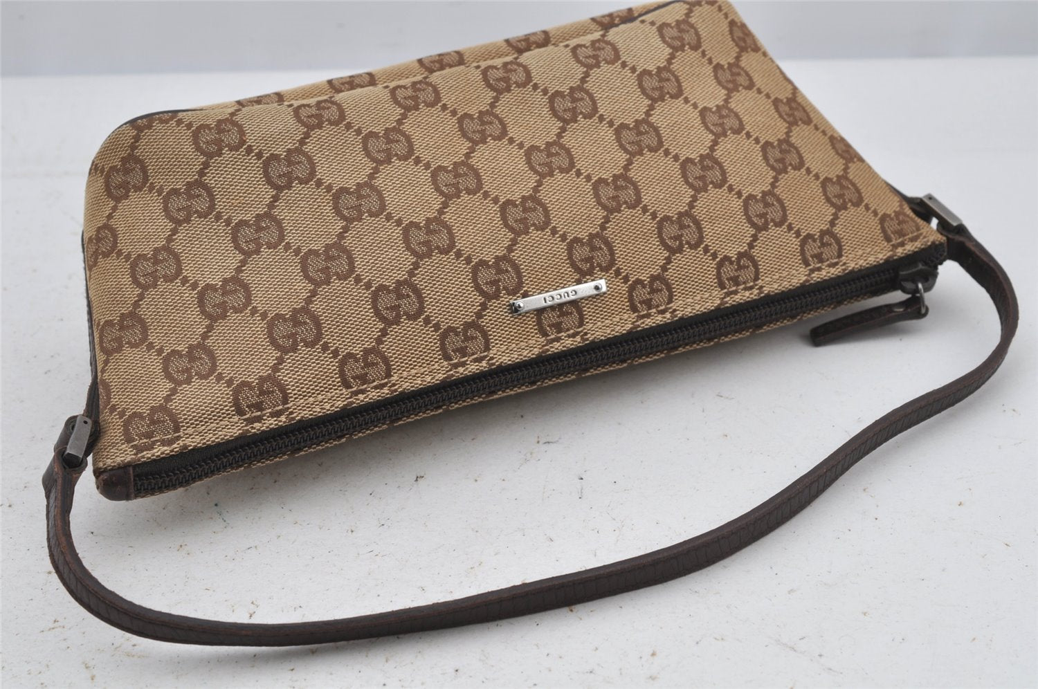 Authentic GUCCI Vintage Hand Bag Pouch Purse GG Canvas Leather 07198 Brown 6469J