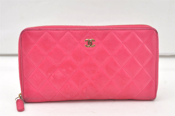 Authentic CHANEL Vintage Lamb Skin Matelasse Long Wallet Purse Pink CC 6469K