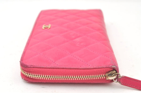 Authentic CHANEL Vintage Lamb Skin Matelasse Long Wallet Purse Pink CC 6469K