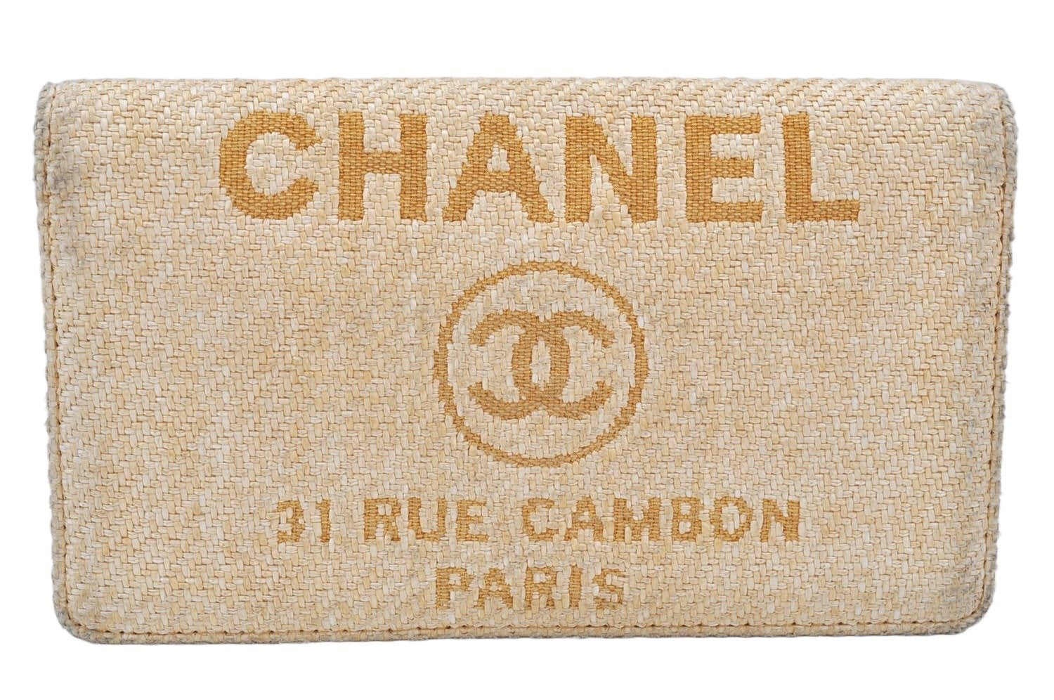 Authentic CHANEL Deauville Line CC Logo Long Wallet Straw Leather Beige 6470K