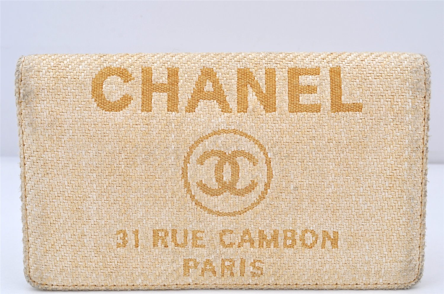 Authentic CHANEL Deauville Line CC Logo Long Wallet Straw Leather Beige 6470K