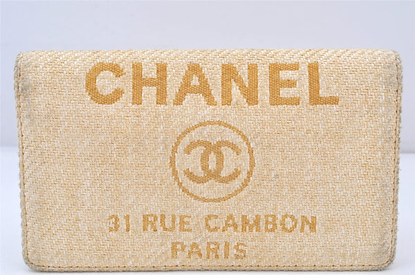 Authentic CHANEL Deauville Line CC Logo Long Wallet Straw Leather Beige 6470K