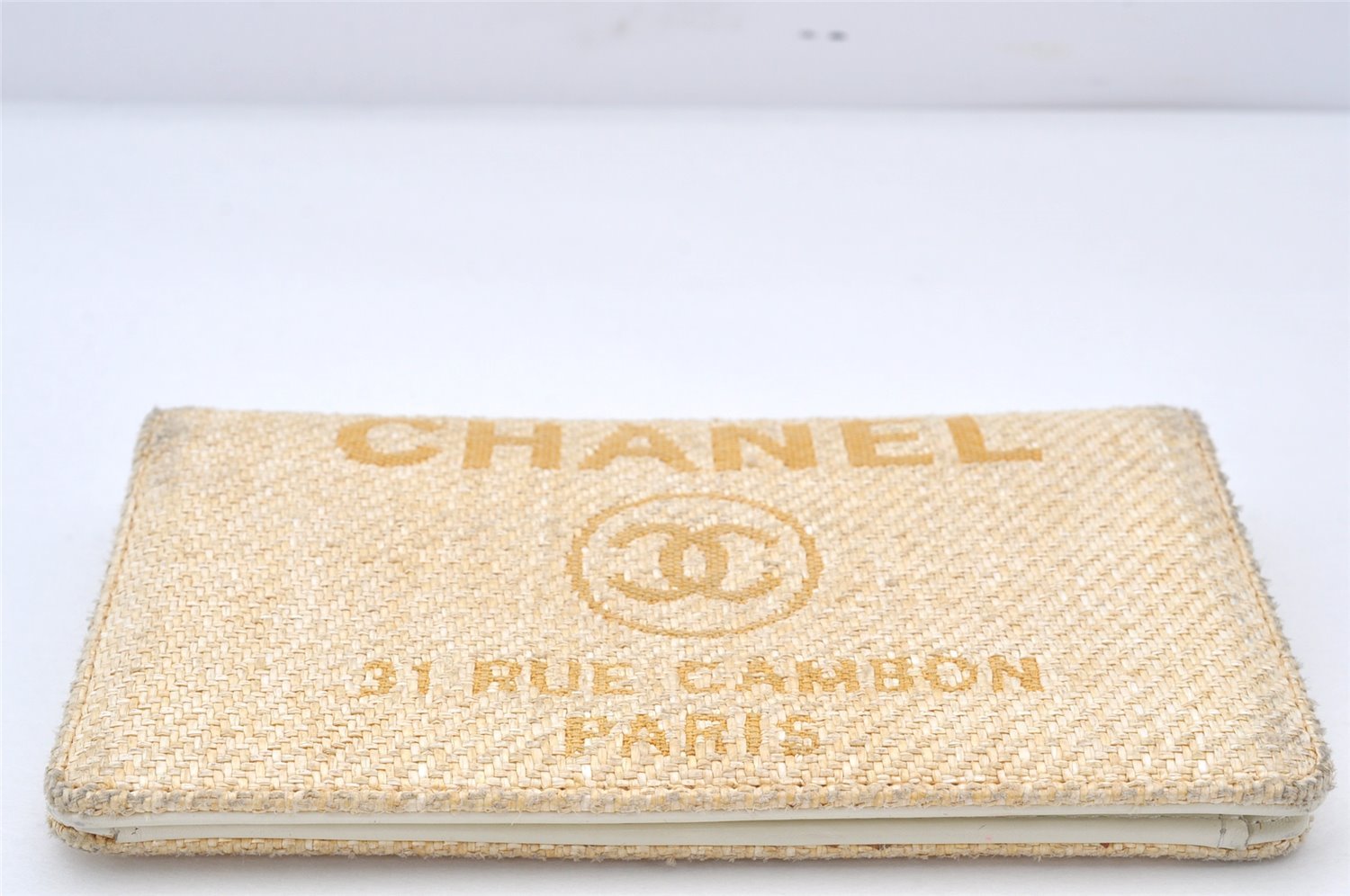 Authentic CHANEL Deauville Line CC Logo Long Wallet Straw Leather Beige 6470K