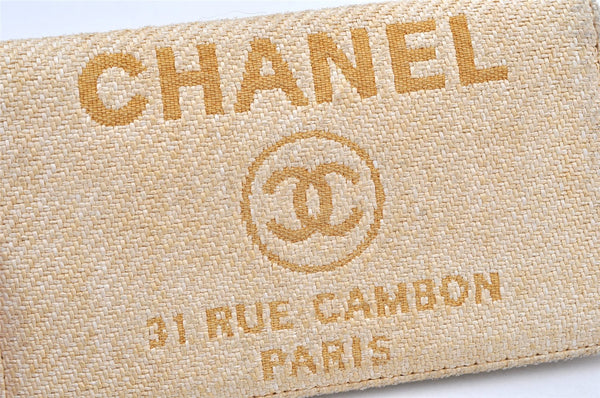 Authentic CHANEL Deauville Line CC Logo Long Wallet Straw Leather Beige 6470K