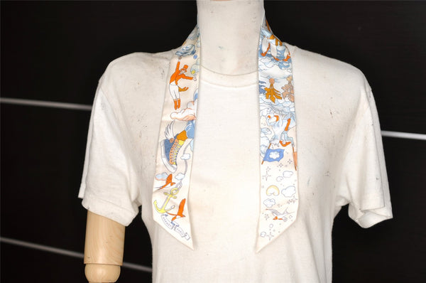 Authentic HERMES Twilly Scarf "Sur Mon Nuage" Silk White Light Blue 6472K