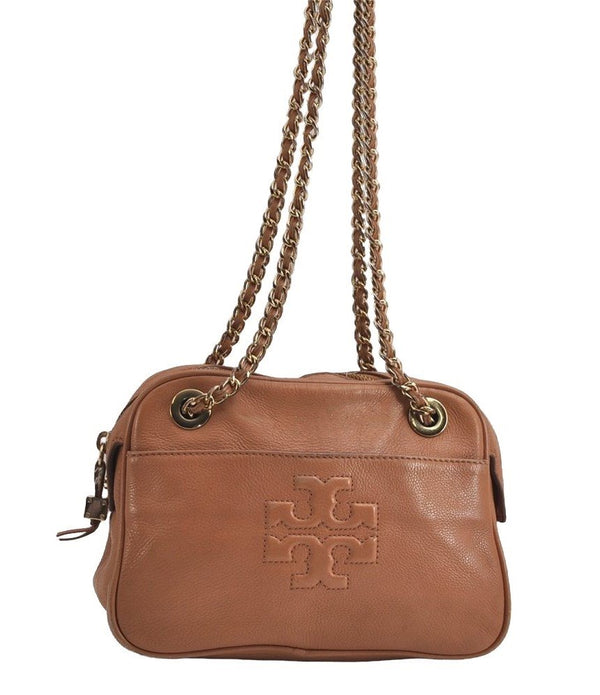 Authentic TORY BURCH Harper Leather Chain Shoulder Bag Purse Brown 6473J