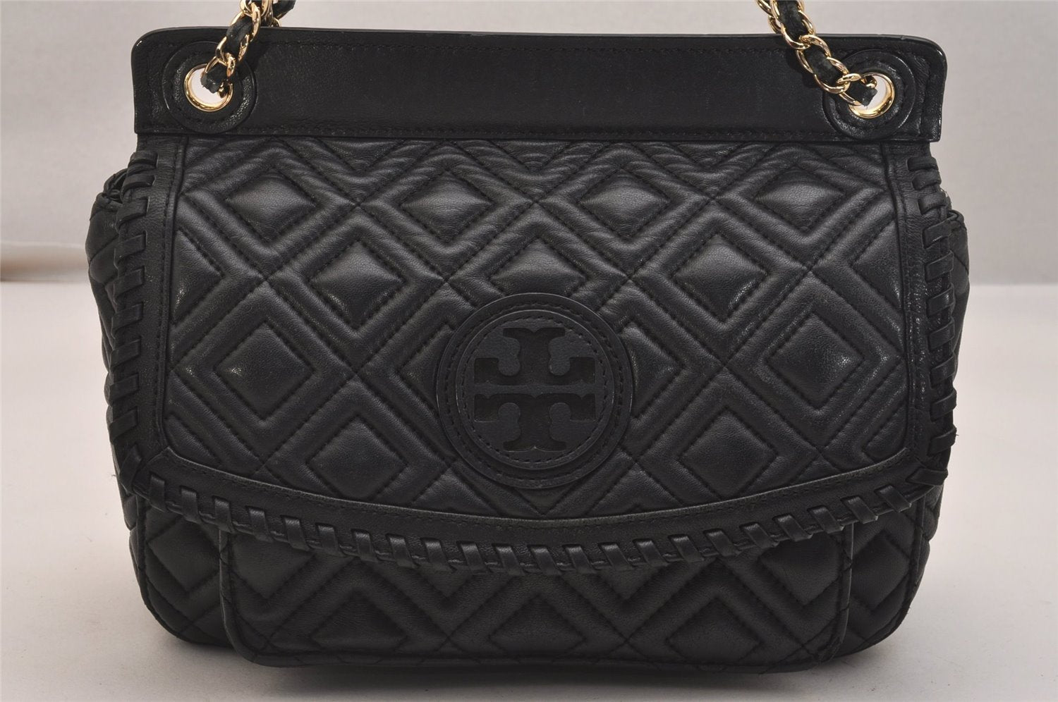 Authentic TORY BURCH Marion Chain Shoulder Hand Bag Purse Leather Black 6476J