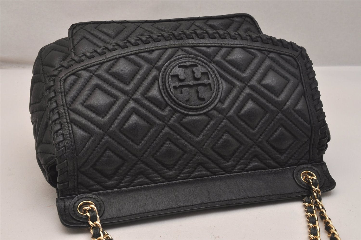 Authentic TORY BURCH Marion Chain Shoulder Hand Bag Purse Leather Black 6476J