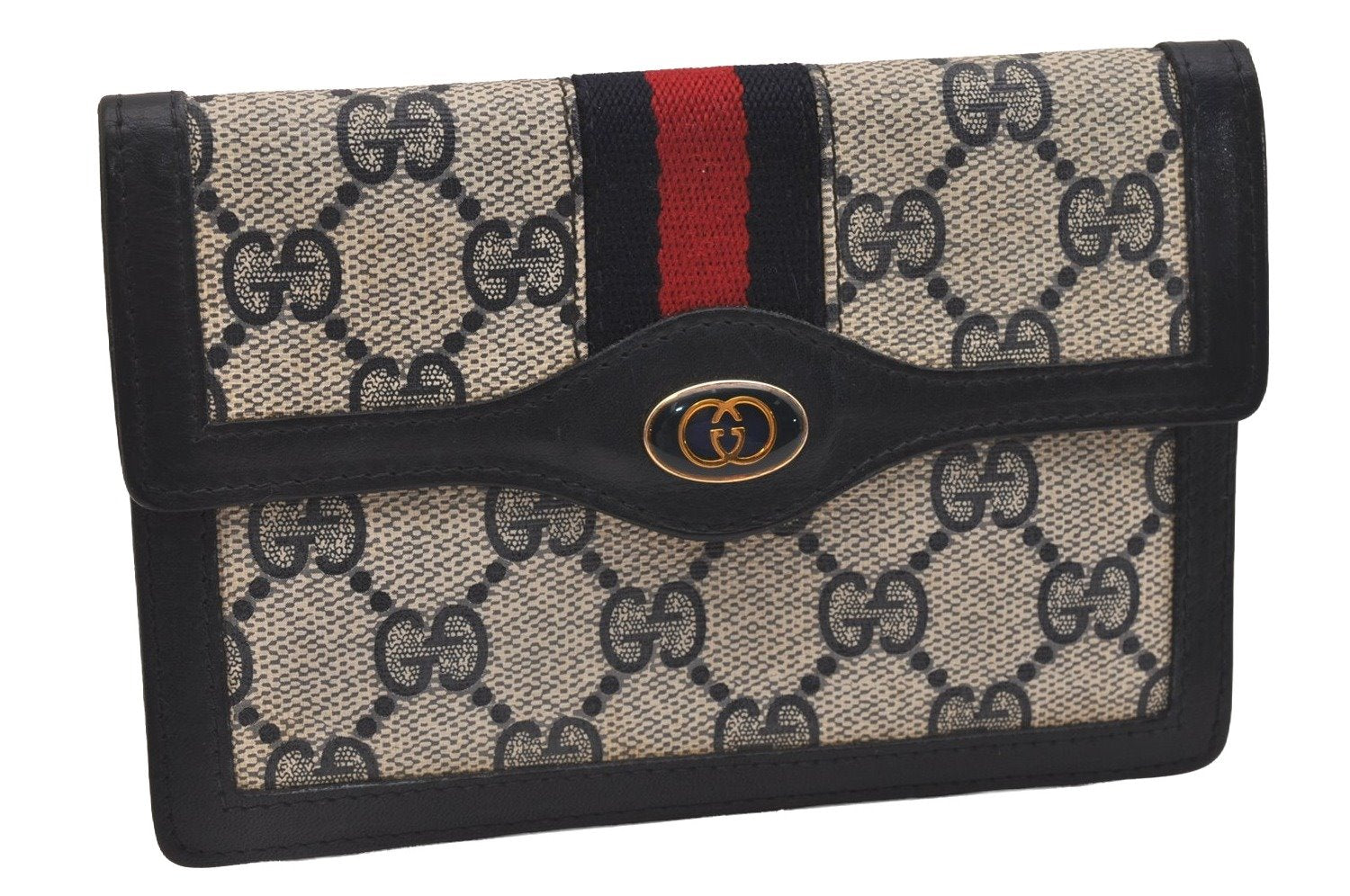 Authentic GUCCI Vintage Sherry Line Pouch Purse GG PVC Leather Navy Blue 6485J