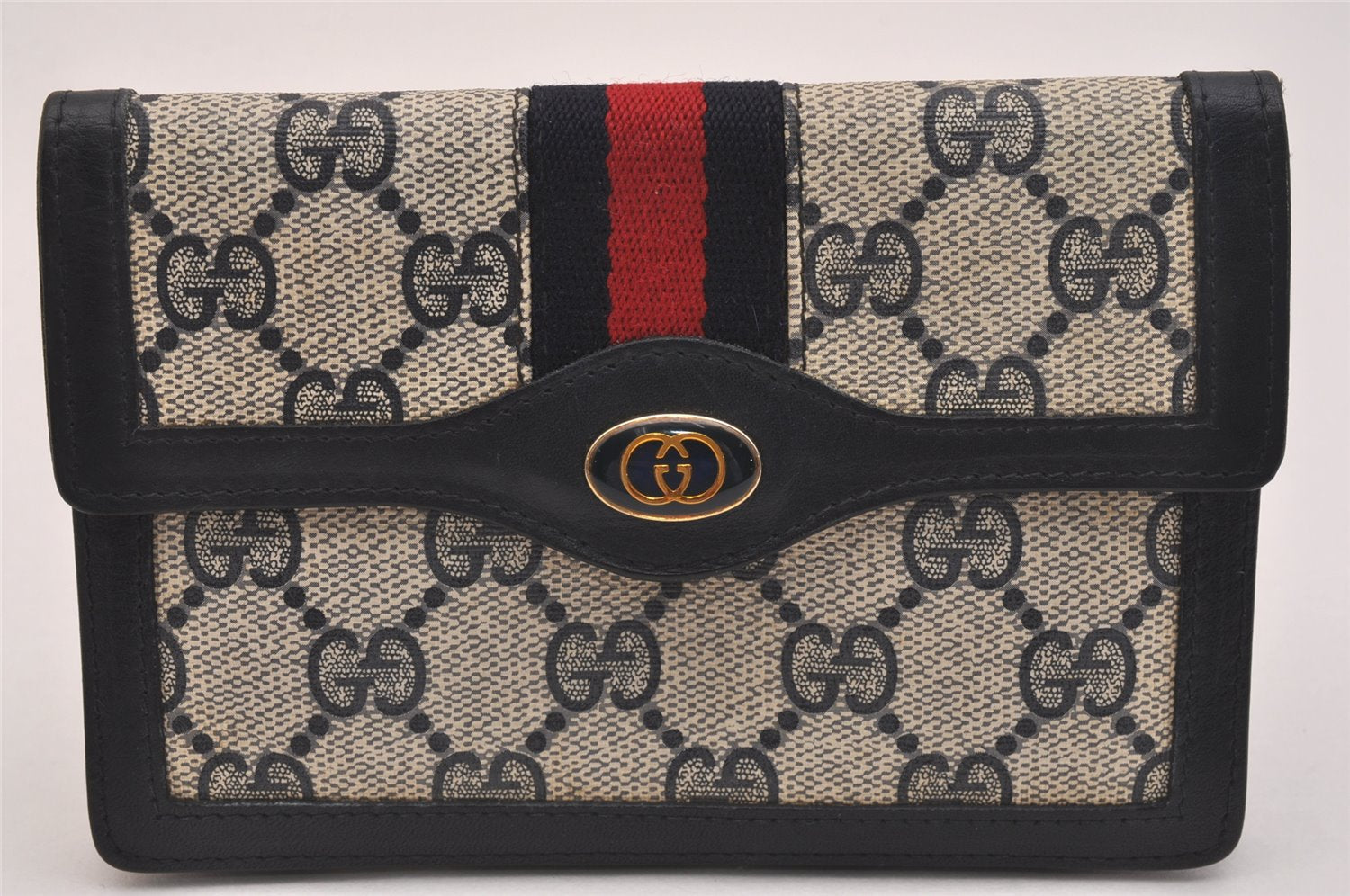 Authentic GUCCI Vintage Sherry Line Pouch Purse GG PVC Leather Navy Blue 6485J