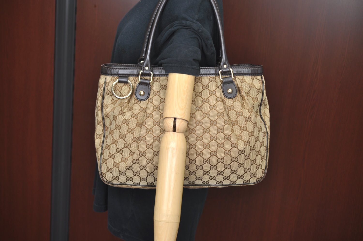 Authentic GUCCI Sukey Shoulder Tote Bag GG Canvas Leather 296835 Brown 6487I