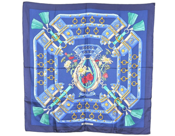 Authentic HERMES Carre 90 Scarf "aux champs" Silk Navy 6499K