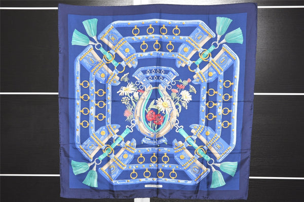 Authentic HERMES Carre 90 Scarf "aux champs" Silk Navy 6499K