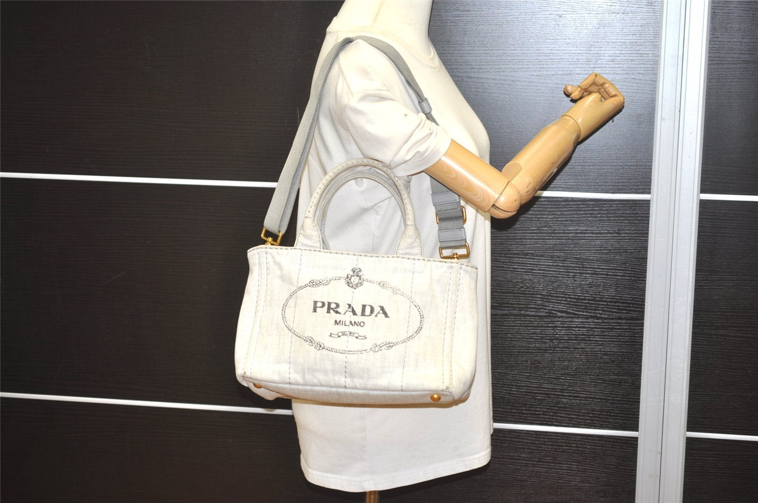 Authentic PRADA Vintage Canapa SS Denim 2Way Shoulder Hand Bag Purse White 6510I