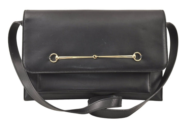 Authentic GUCCI Horsebit Shoulder Cross Body Bag Purse Leather Black 6512K