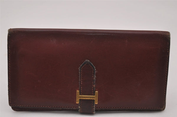 Authentic HERMES Vintage Bearn Classic Leather Long Wallet Purse Bordeaux 6513I