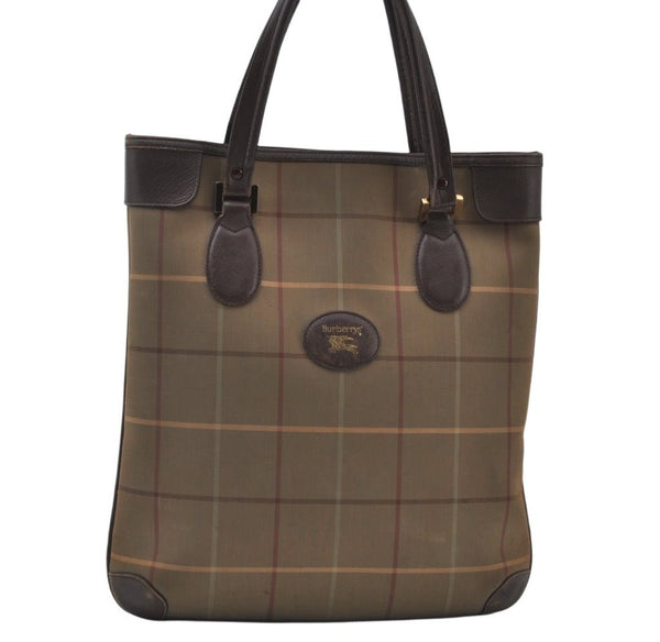 Authentic Burberrys Vintage Check Canvas Leather Hand Tote Bag Khaki Green 6513J