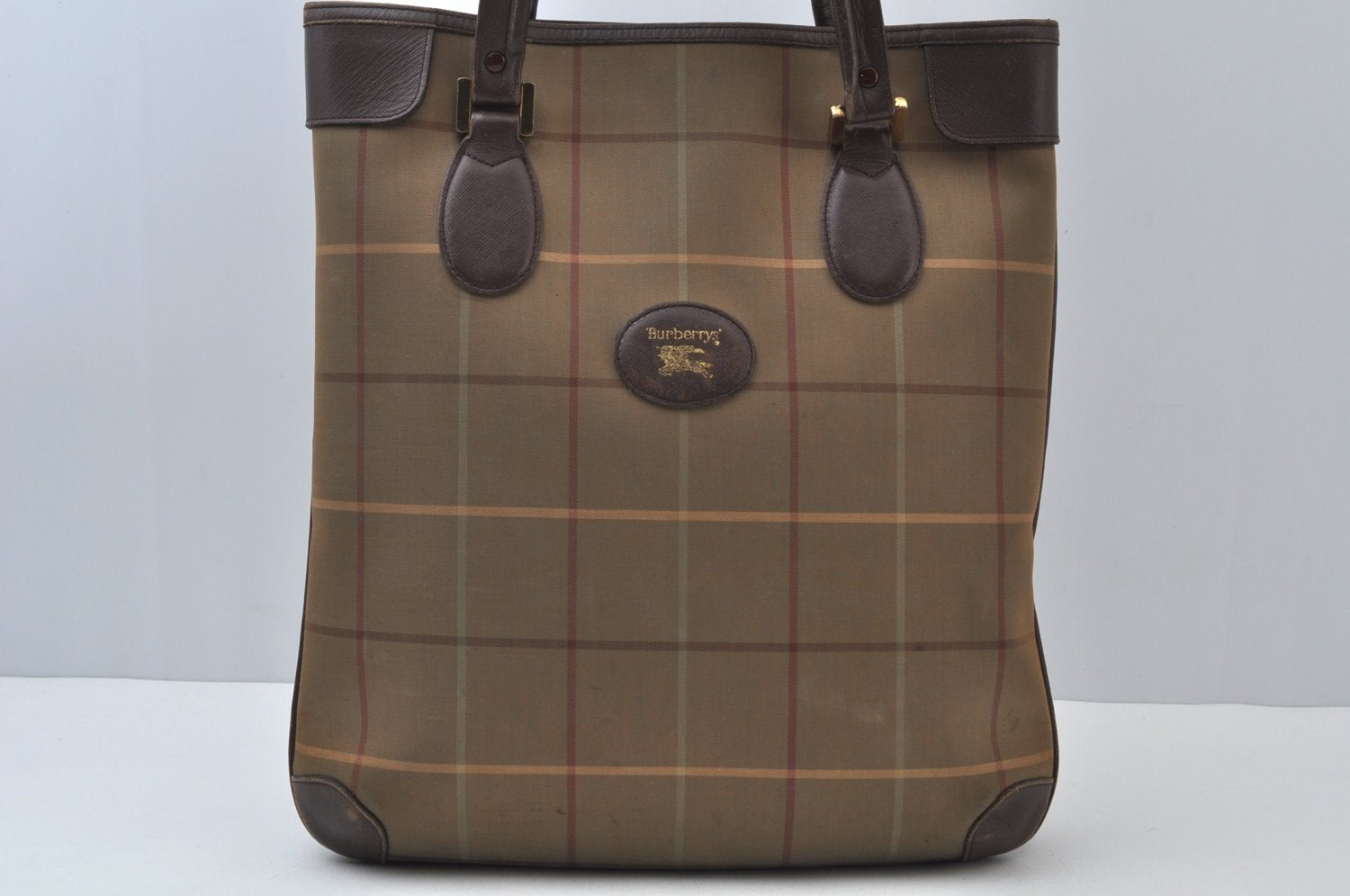 Authentic Burberrys Vintage Check Canvas Leather Hand Tote Bag Khaki Green 6513J