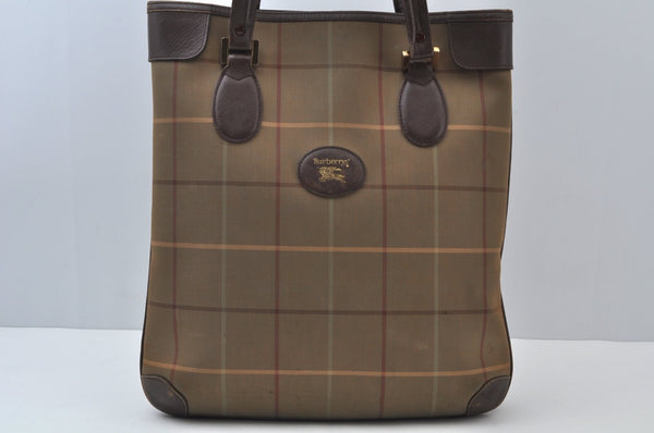 Authentic Burberrys Vintage Check Canvas Leather Hand Tote Bag Khaki Green 6513J