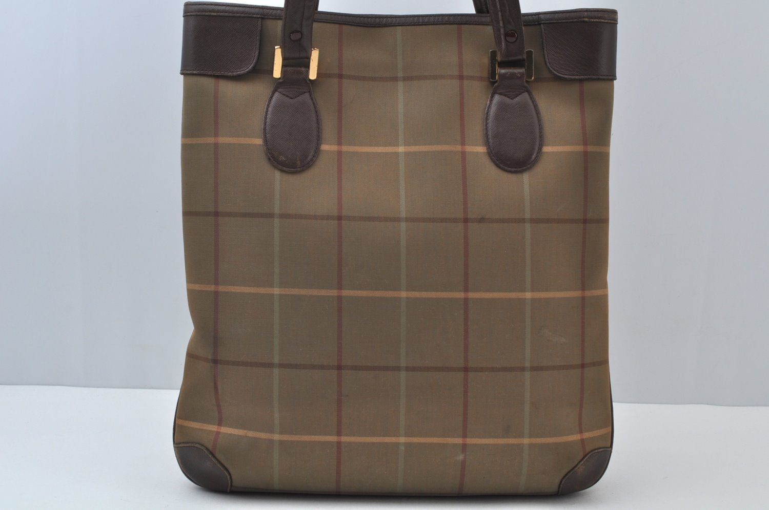 Authentic Burberrys Vintage Check Canvas Leather Hand Tote Bag Khaki Green 6513J