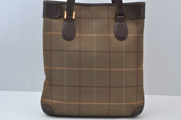 Authentic Burberrys Vintage Check Canvas Leather Hand Tote Bag Khaki Green 6513J