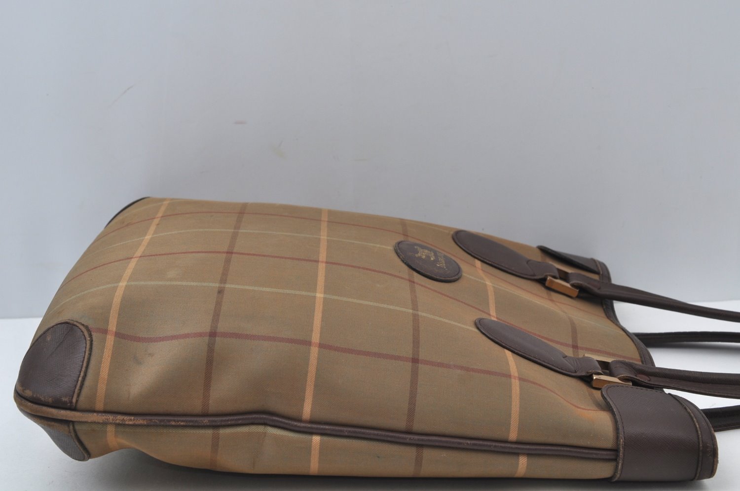 Authentic Burberrys Vintage Check Canvas Leather Hand Tote Bag Khaki Green 6513J