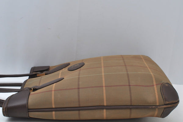 Authentic Burberrys Vintage Check Canvas Leather Hand Tote Bag Khaki Green 6513J
