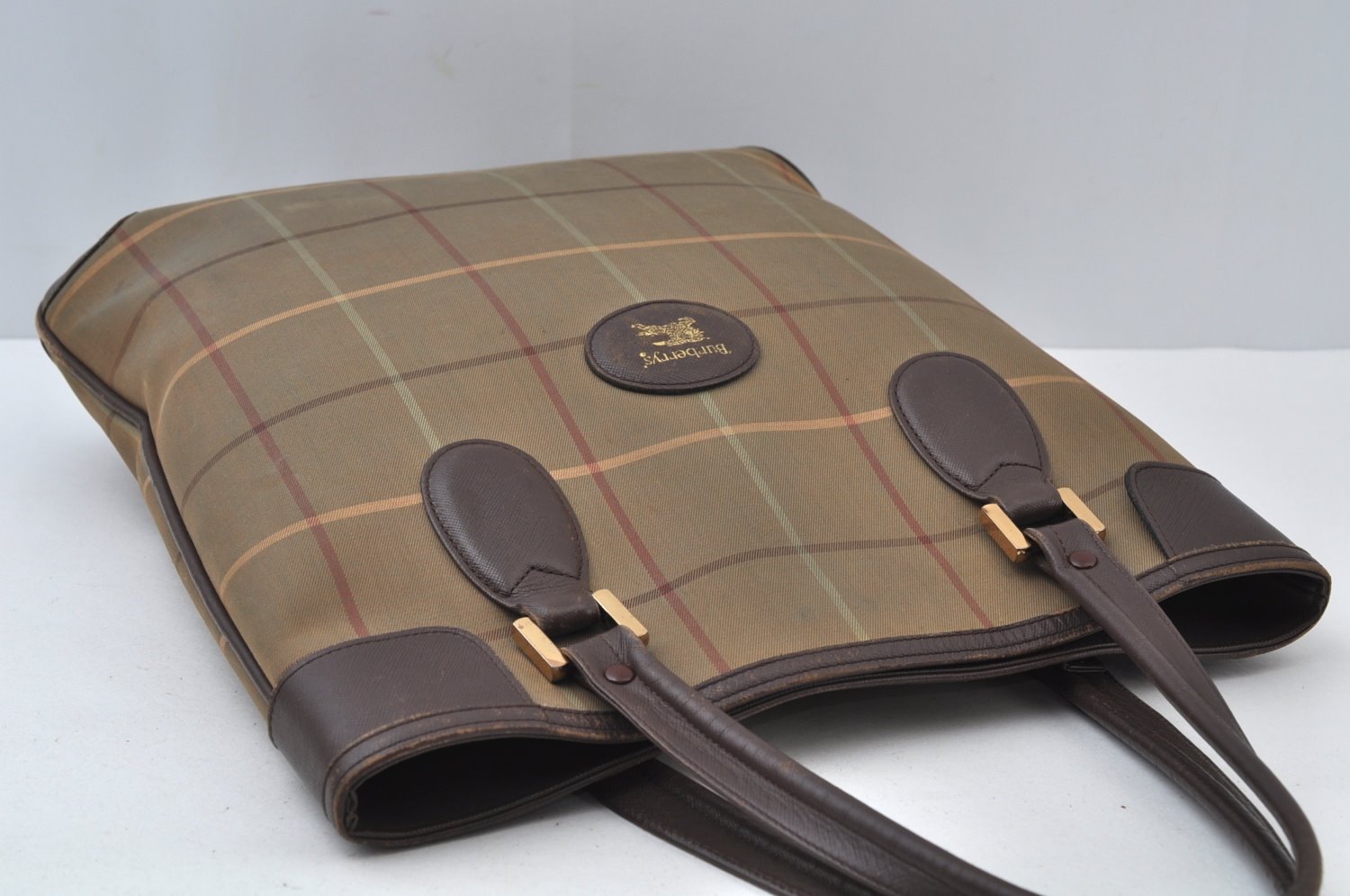 Authentic Burberrys Vintage Check Canvas Leather Hand Tote Bag Khaki Green 6513J