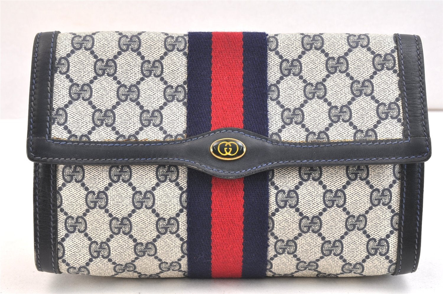 Authentic GUCCI Sherry Line Clutch Hand Bag GG PVC Leather Navy Blue Junk 6518K