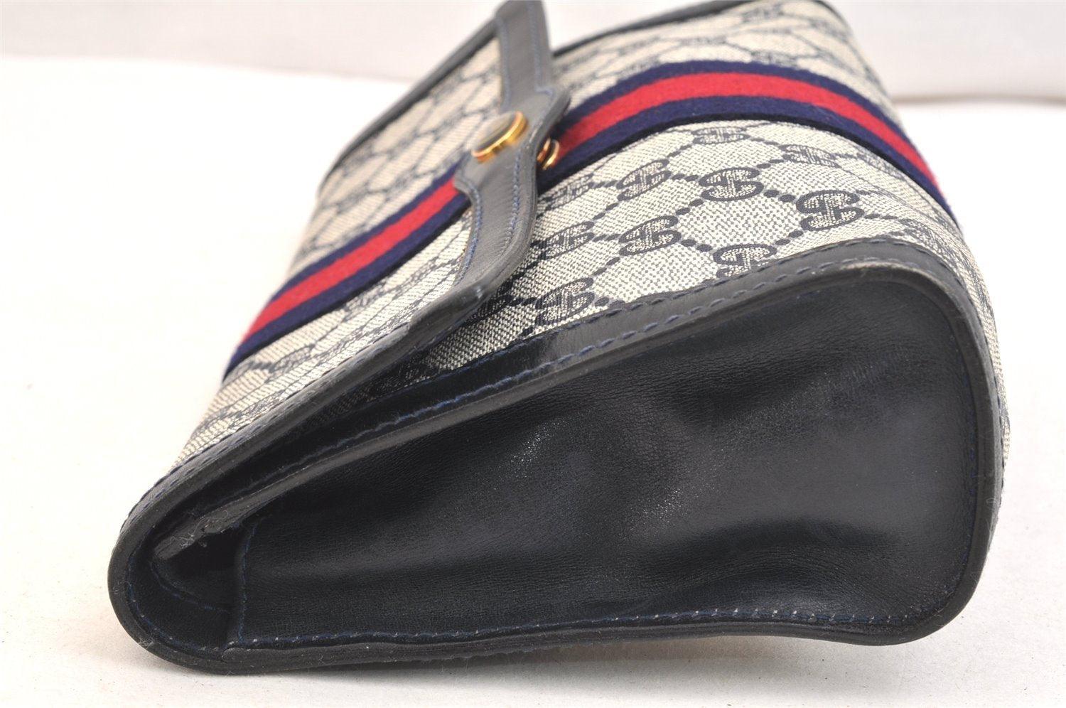 Authentic GUCCI Sherry Line Clutch Hand Bag GG PVC Leather Navy Blue Junk 6518K