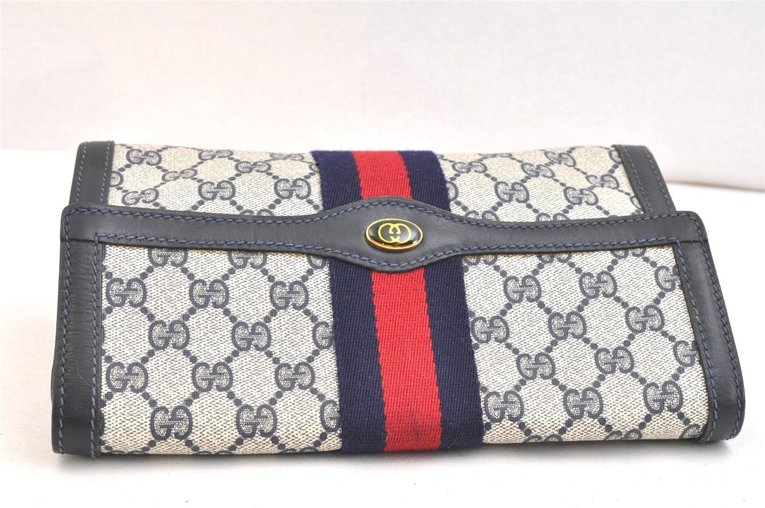 Authentic GUCCI Sherry Line Clutch Hand Bag GG PVC Leather Navy Blue Junk 6518K