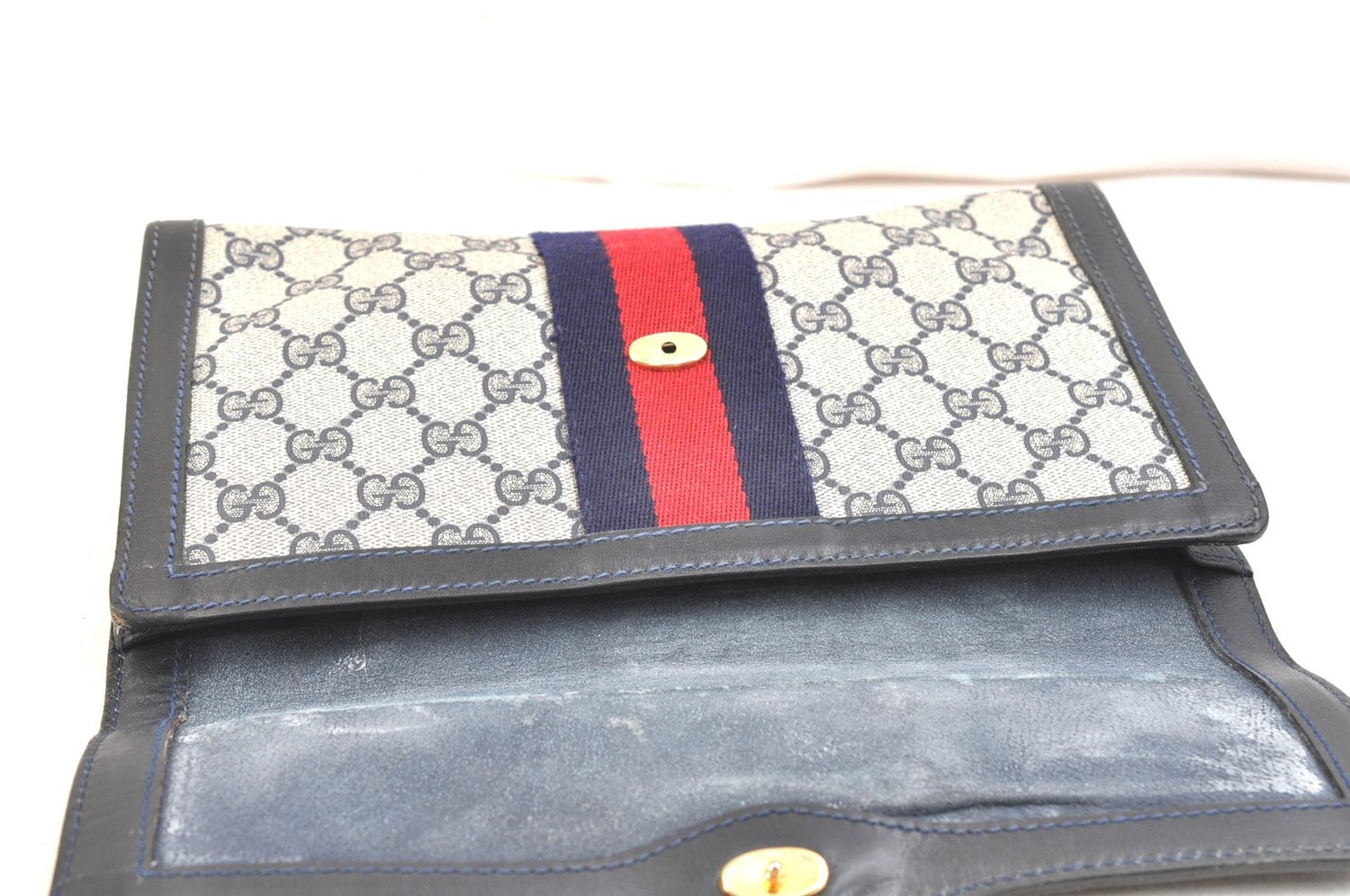 Authentic GUCCI Sherry Line Clutch Hand Bag GG PVC Leather Navy Blue Junk 6518K