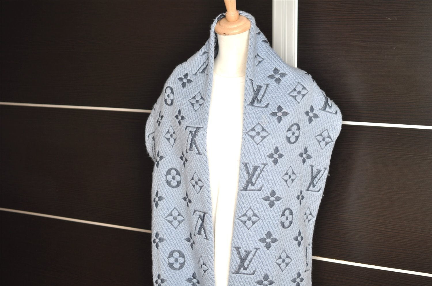 Auth Louis Vuitton Echarpe Logomania Muffler Wool Silk M75702 Light Blue 6521I