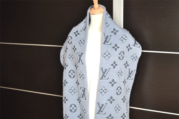 Auth Louis Vuitton Echarpe Logomania Muffler Wool Silk M75702 Light Blue 6521I
