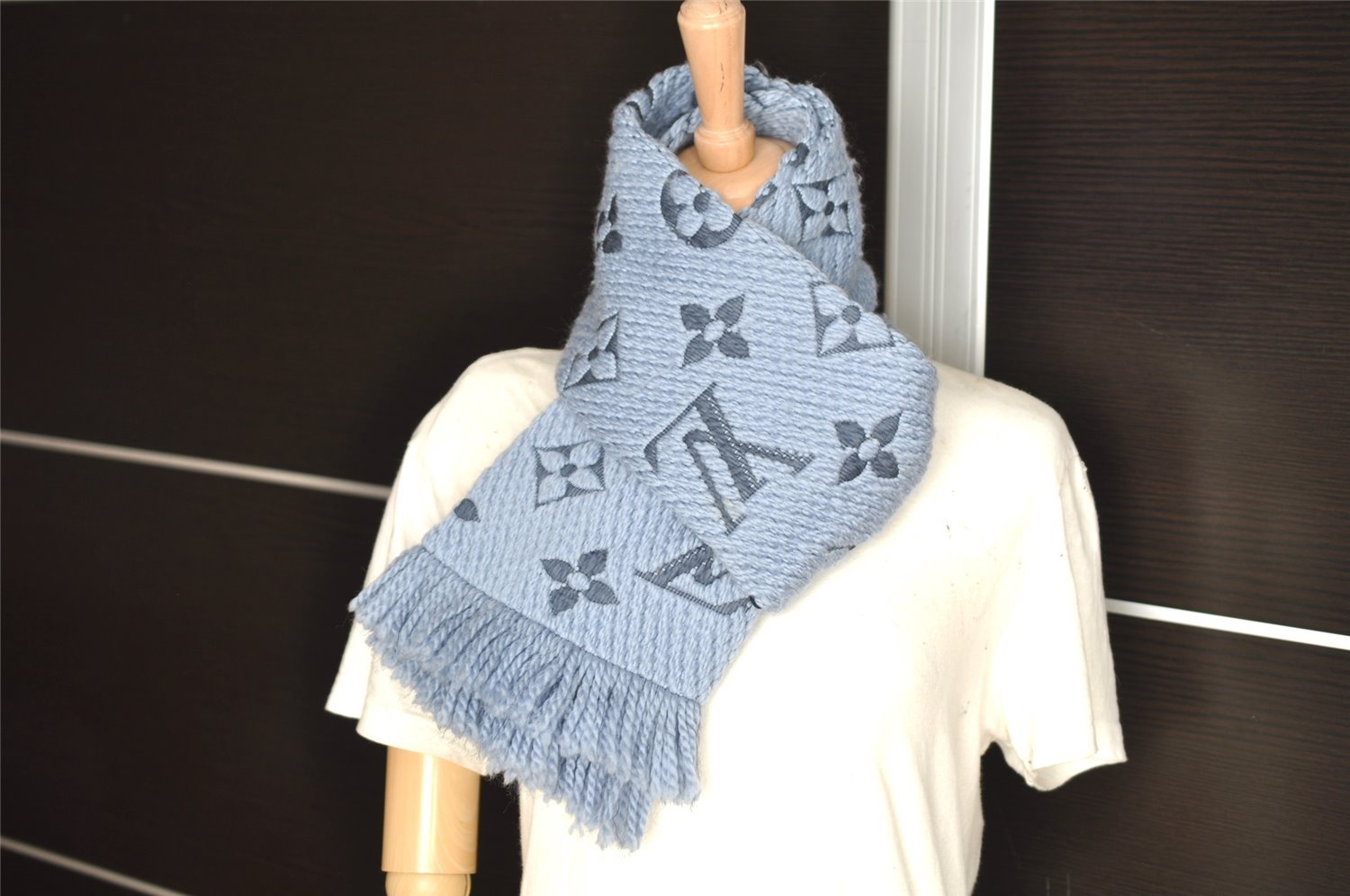 Auth Louis Vuitton Echarpe Logomania Muffler Wool Silk M75702 Light Blue 6521I