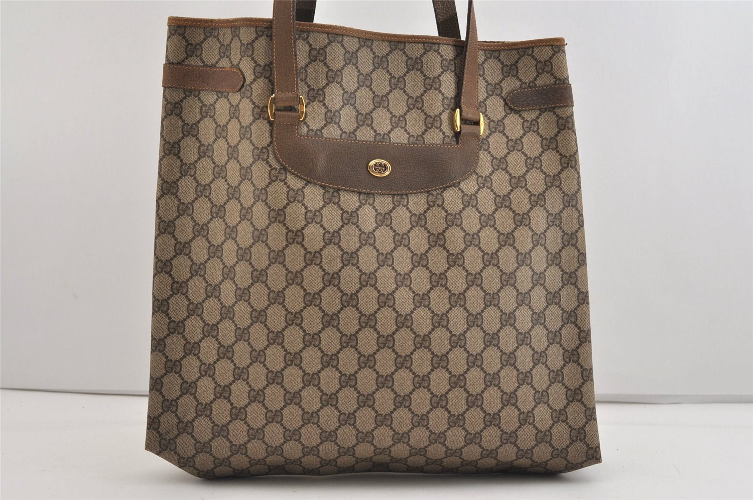 Authentic GUCCI Vintage Shoulder Tote Bag GG PVC Leather Brown 6521J