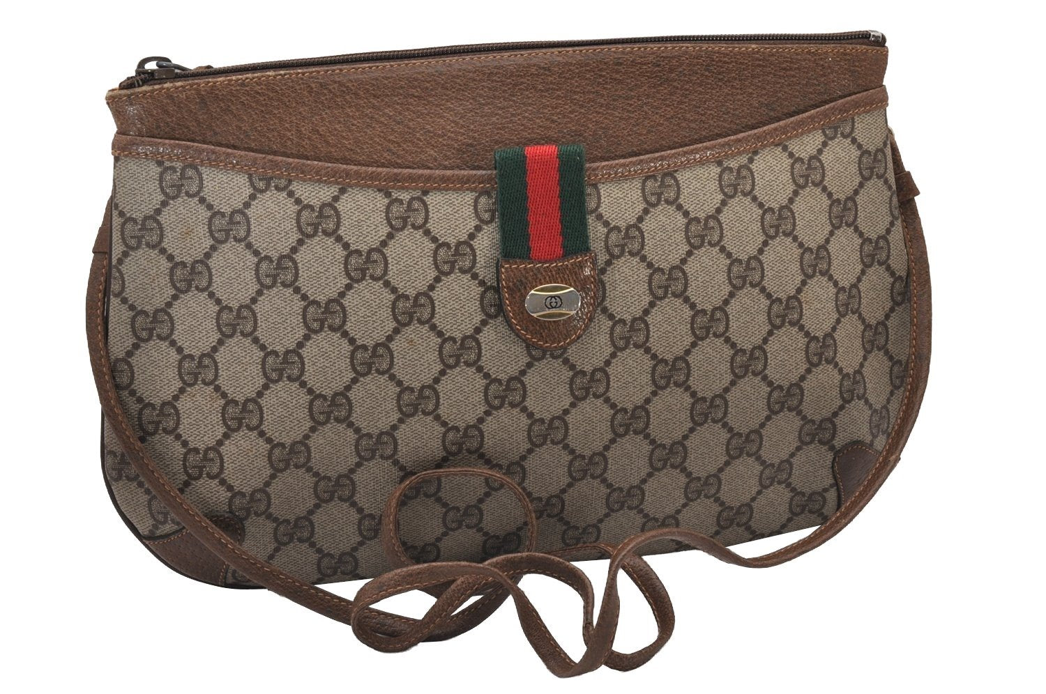 Authentic GUCCI Web Sherry Line Shoulder Cross Bag GG PVC Leather Brown 6528I