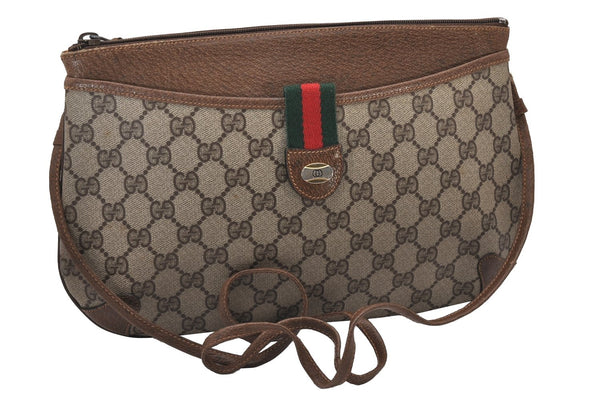 Authentic GUCCI Web Sherry Line Shoulder Cross Bag GG PVC Leather Brown 6528I