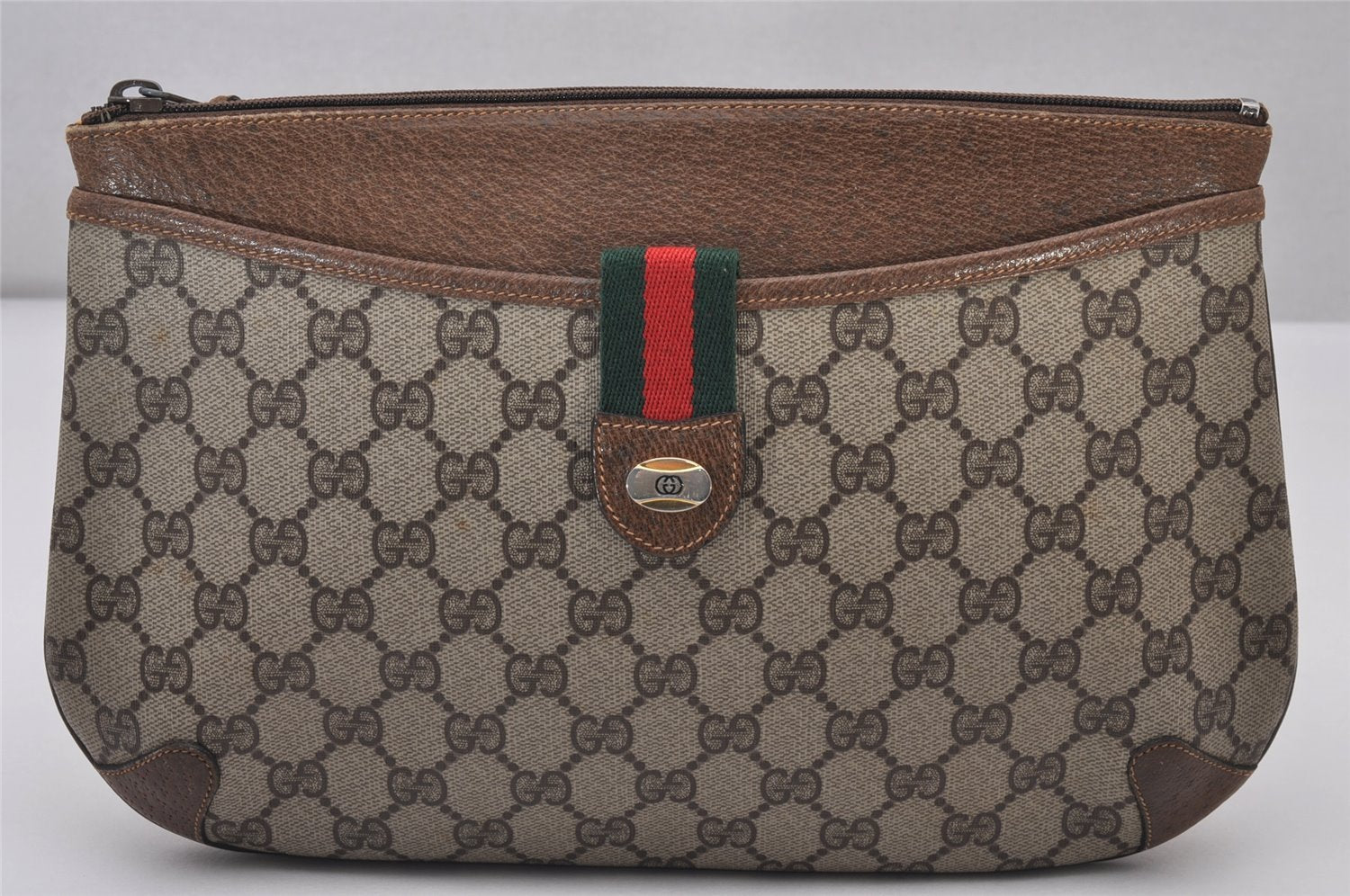 Authentic GUCCI Web Sherry Line Shoulder Cross Bag GG PVC Leather Brown 6528I