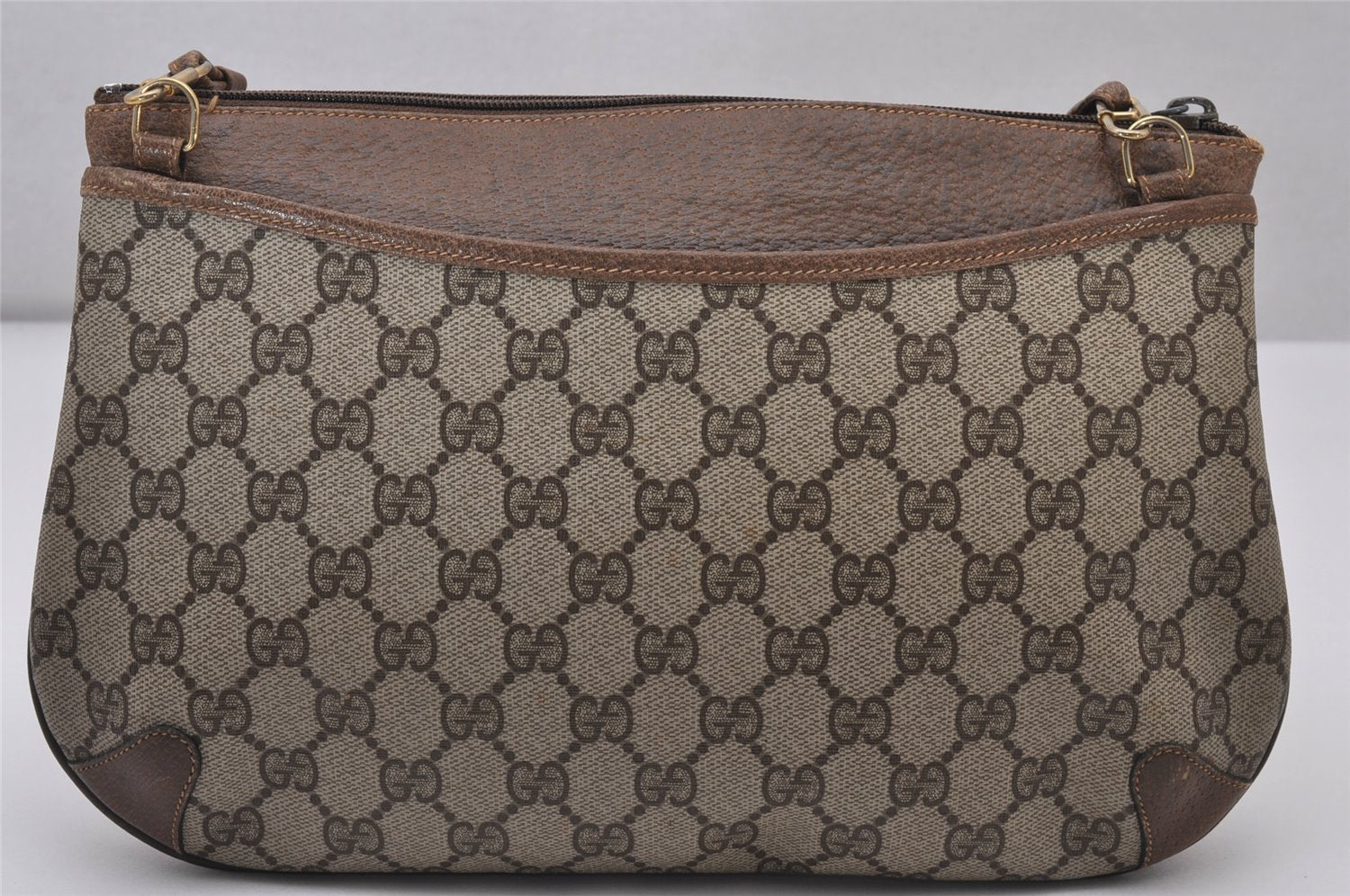 Authentic GUCCI Web Sherry Line Shoulder Cross Bag GG PVC Leather Brown 6528I
