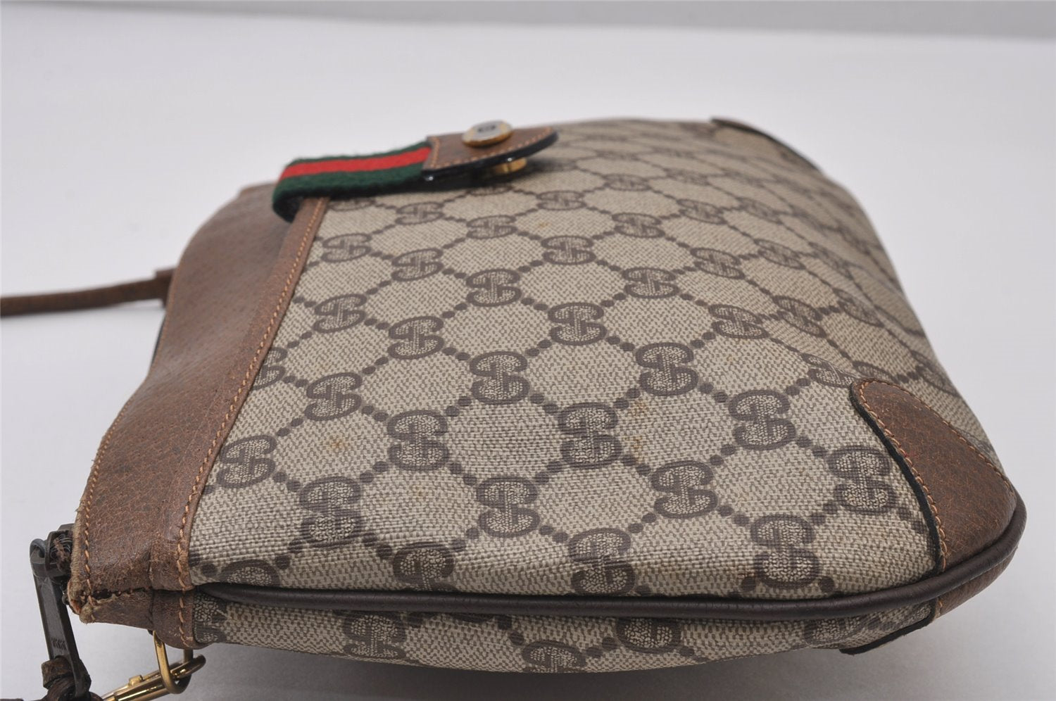 Authentic GUCCI Web Sherry Line Shoulder Cross Bag GG PVC Leather Brown 6528I