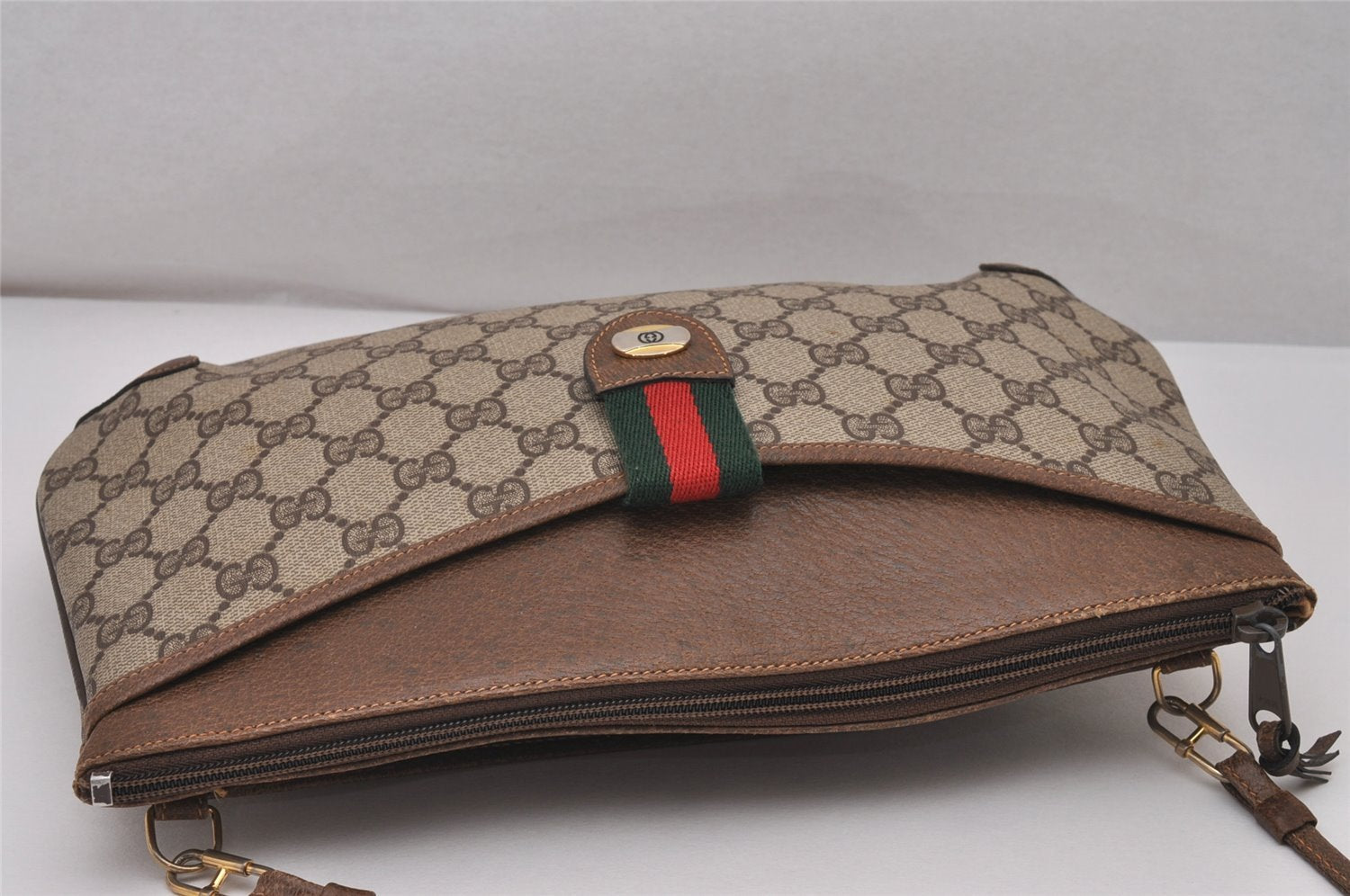 Authentic GUCCI Web Sherry Line Shoulder Cross Bag GG PVC Leather Brown 6528I
