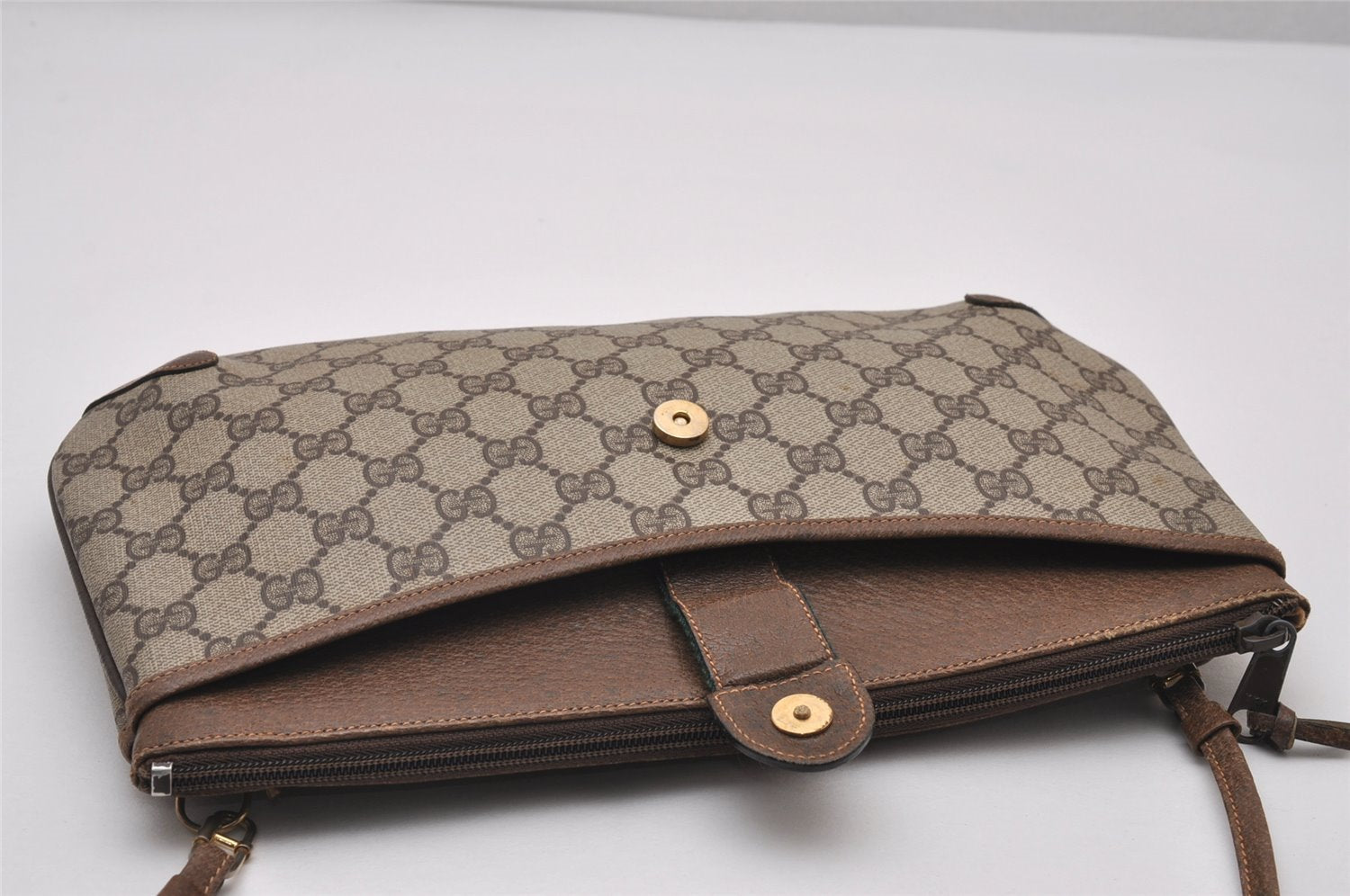 Authentic GUCCI Web Sherry Line Shoulder Cross Bag GG PVC Leather Brown 6528I