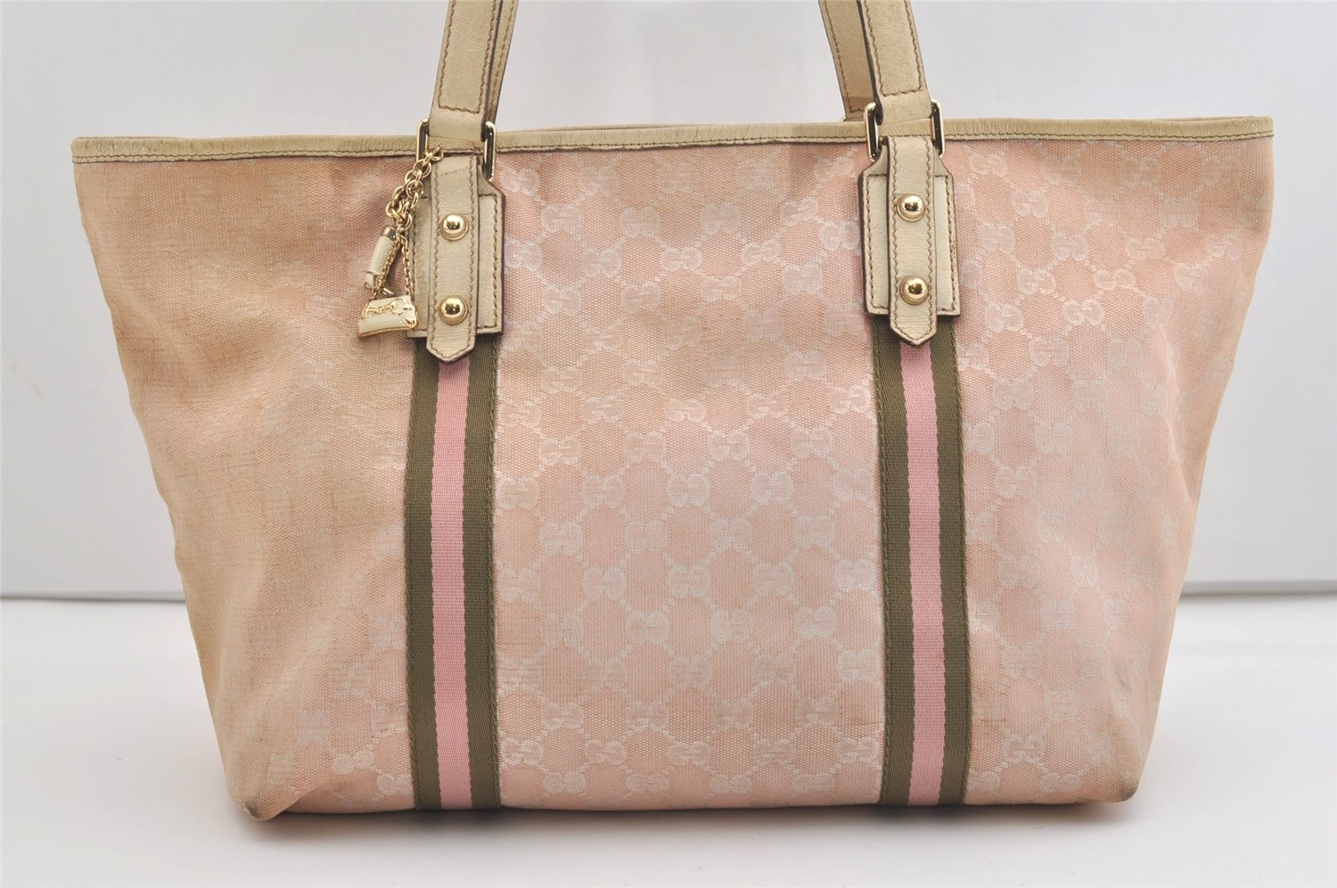Authentic GUCCI Vintage Sherry Line Tote Bag GG Canvas Leather 139260 Pink 6534J