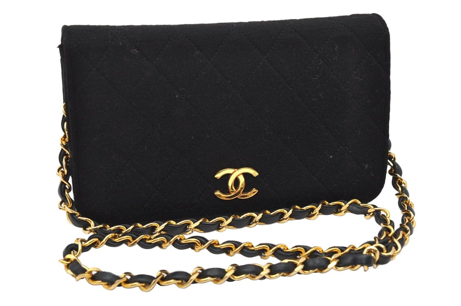 Authentic CHANEL Cotton Leather Matelasse Chain Shoulder Bag Black CC Junk 6534K