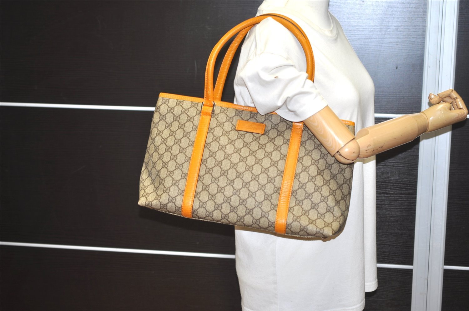 Authentic GUCCI Vintage Shoulder Tote Bag GG PVC Leather 114595 Brown 6535I