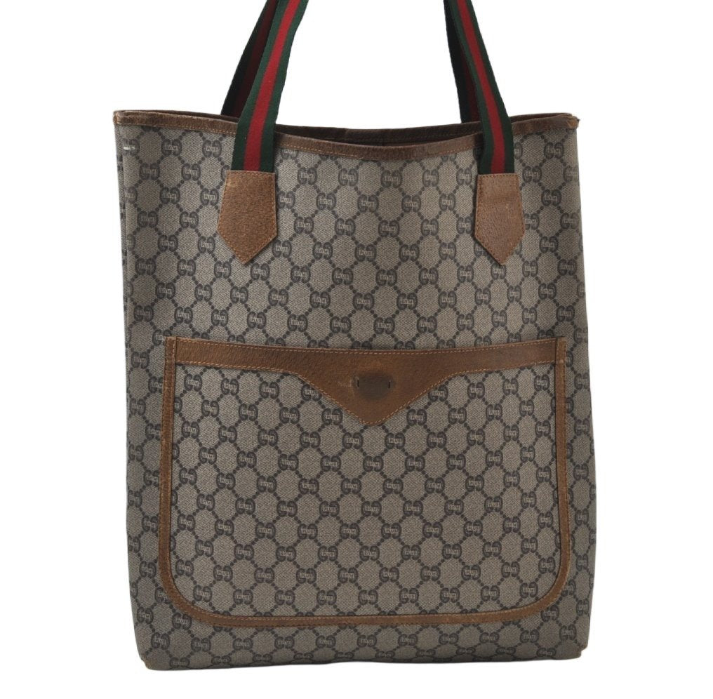 Authentic GUCCI Web Sherry Line GG Plus Tote Bag PVC Leather Brown 6535J