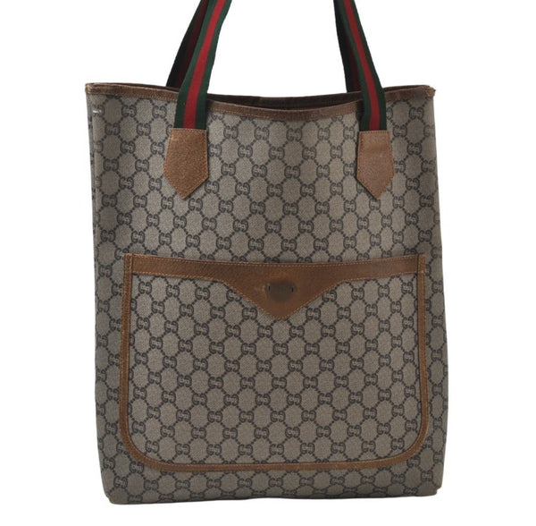 Authentic GUCCI Web Sherry Line GG Plus Tote Bag PVC Leather Brown 6535J